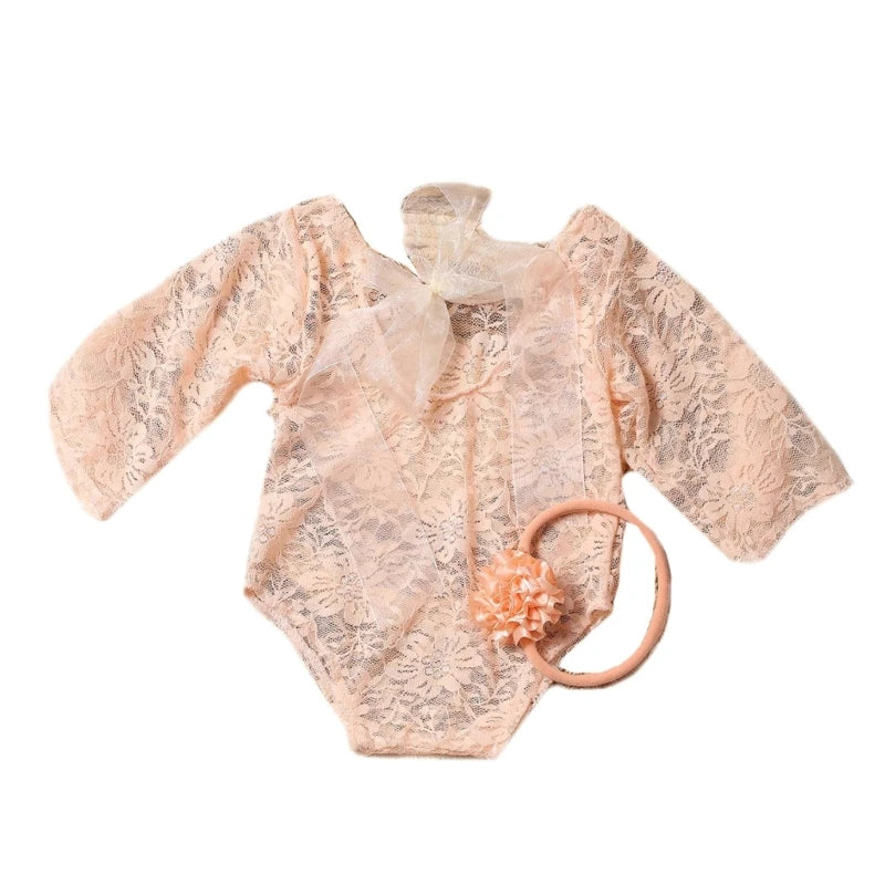 Newborn Photography Props Baby Lace Romper with Headband Set Backless Mesh Bodysuit for Baby Photoshoot Infant Outfit