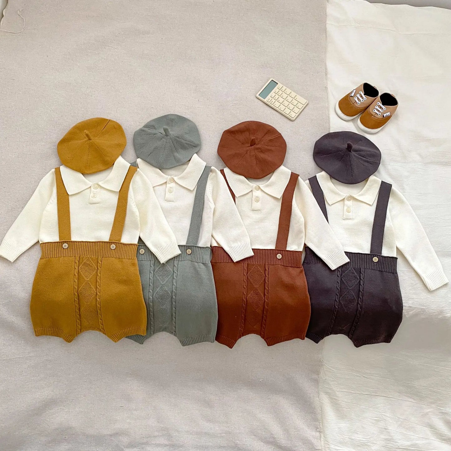 2024 Autumn New Baby Boy Knitted Overalls Set Infant Solid Lapel Long Sleeve Sweater + Strap Pants + Hat 3pcs Suit Boys Outfits