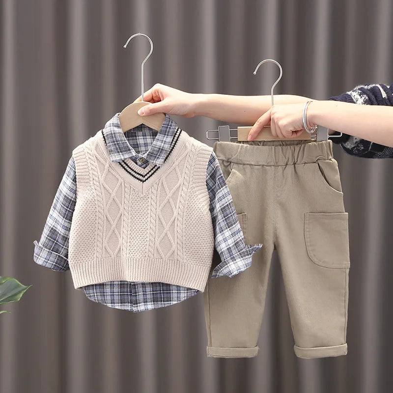 Baby Boy Clothes Mother Kids Spring Clothing Sets Sweater Vest 3pcs Toddler Pants Cotton Korean Version of Children's Set Suit
