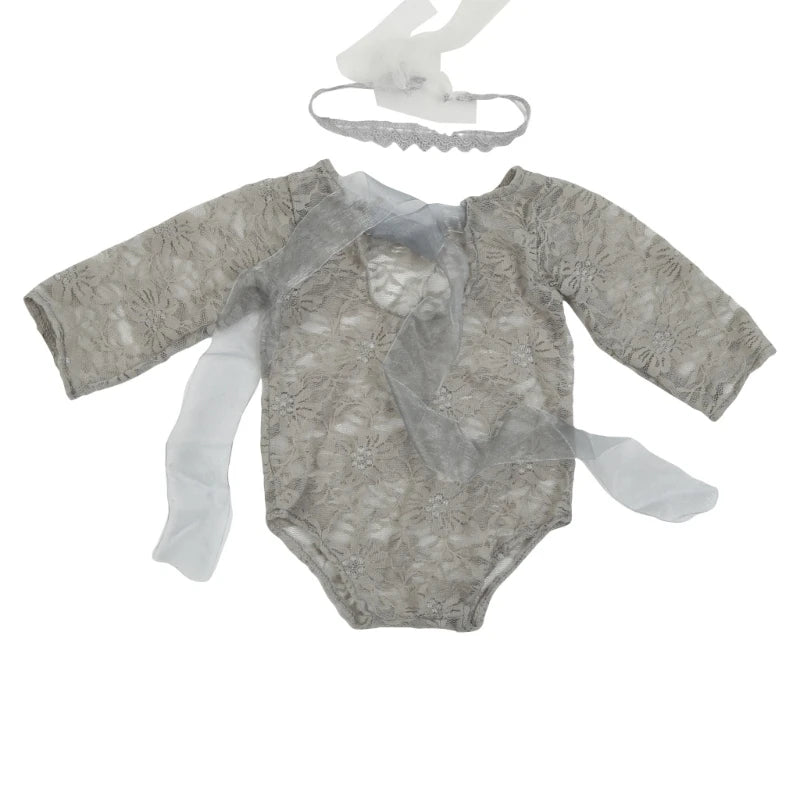 Newborn Photography Props Baby Lace Romper with Headband Set Backless Mesh Bodysuit for Baby Photoshoot Infant Outfit