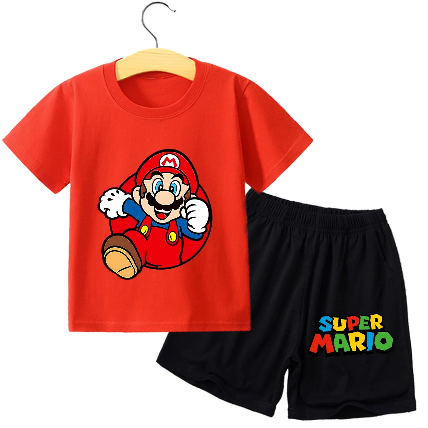 Super Mario Bros New T-shirt Suit Children Summer Cotton Tops + Shorts Pants Set Cute Cartoon Pajamas Home Wear Clothes Kids Gift