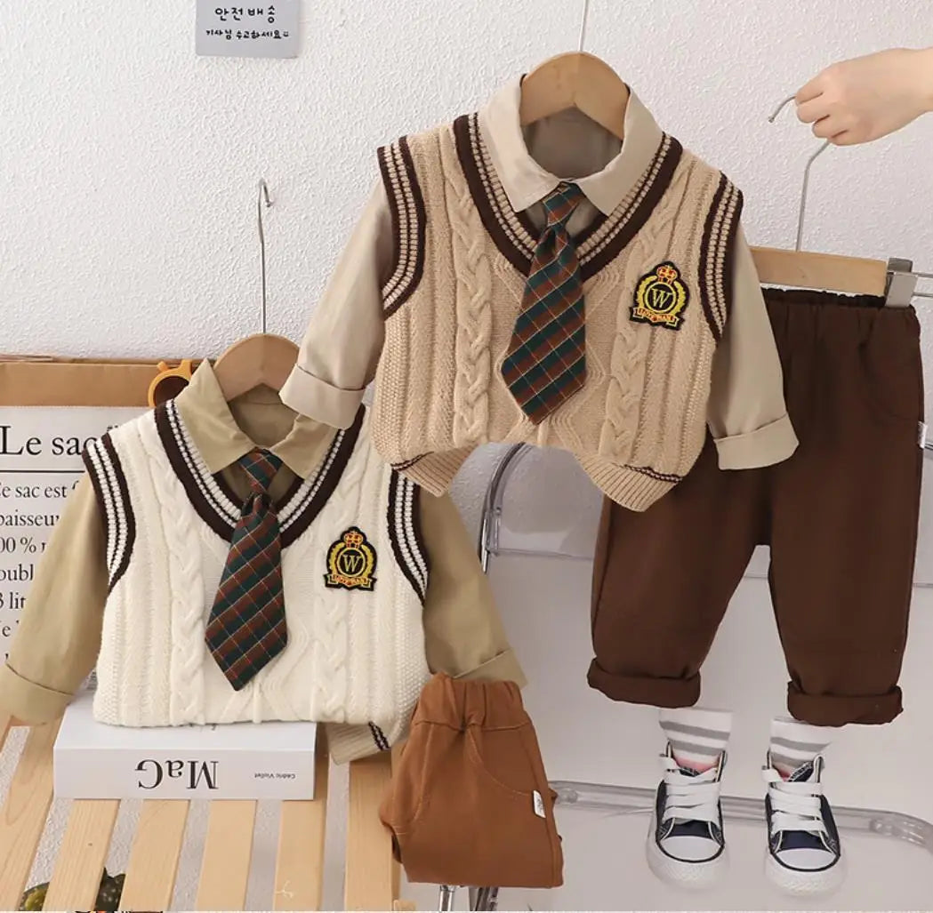 3PCS Boys Sweater Sets Spring Autumn Kids V-neck Preppy Knitted Vest + T-shirts + Pants Casual Toddler Outfits Infant Baby Clothing