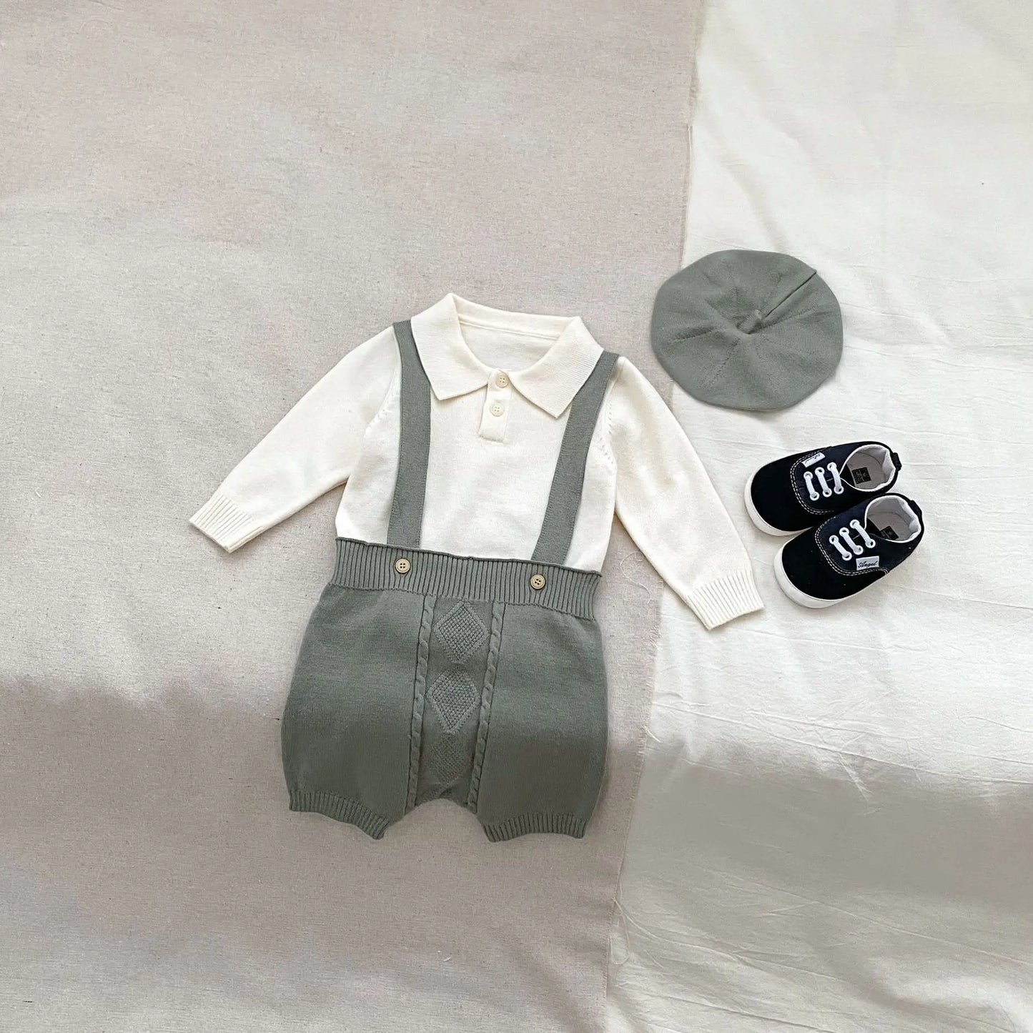 2024 Autumn New Baby Boy Knitted Overalls Set Infant Solid Lapel Long Sleeve Sweater + Strap Pants + Hat 3pcs Suit Boys Outfits