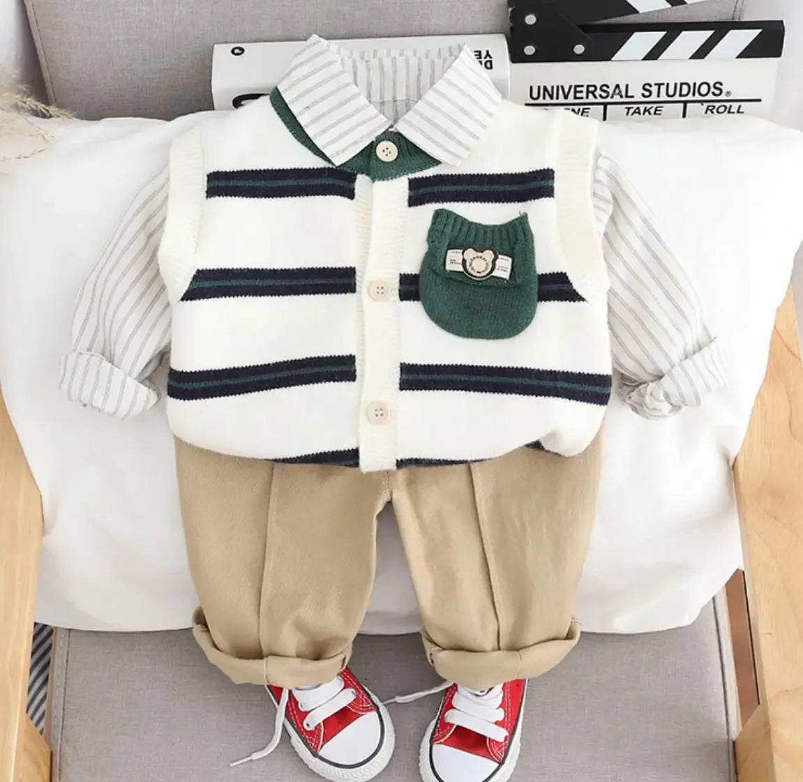 Korean Style Boys Set 6 to 12 Months – Kids Infant Clothing Pocket Striped Knitted Sweater Vest + Shirts + Pants 3PCS Toddler Outfits