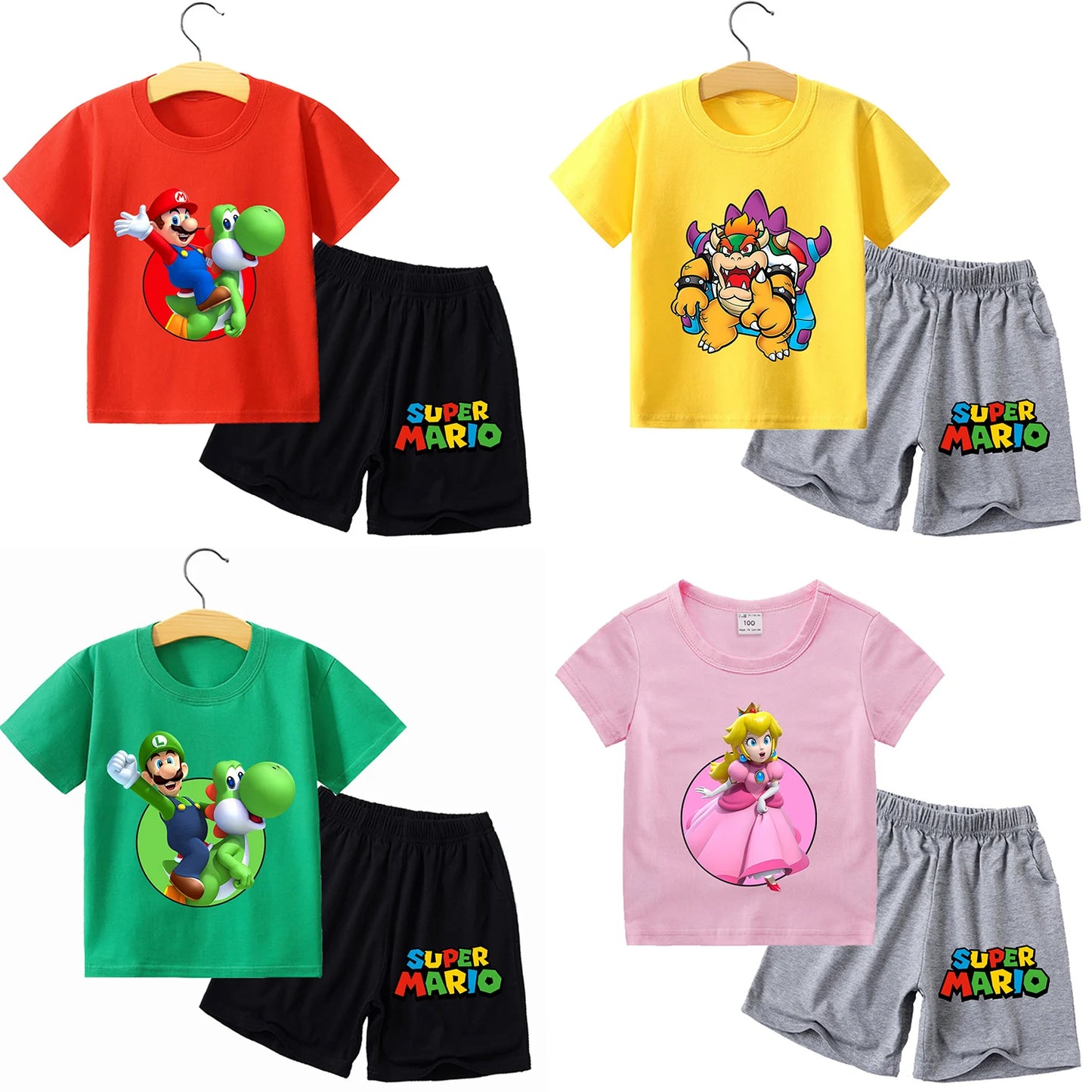 Super Mario Bros New T-shirt Suit Children Summer Cotton Tops + Shorts Pants Set Cute Cartoon Pajamas Home Wear Clothes Kids Gift