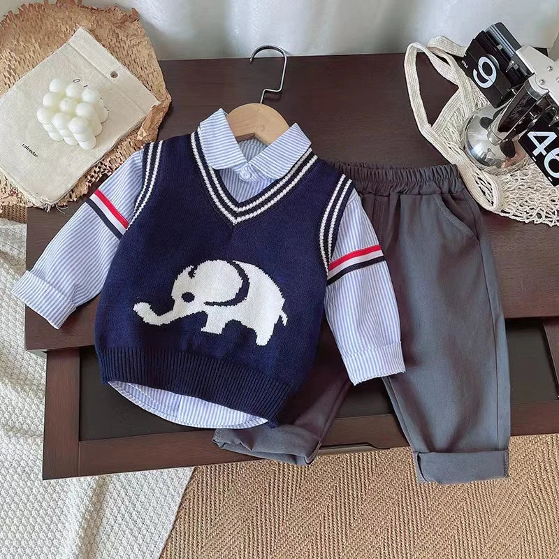 Spring Autumn New Boys Clothes – Cartoon Elephant V-neck Sweater Vest + Long Sleeved Vertical Striped Shirt + Pants 3pcs Casual Set