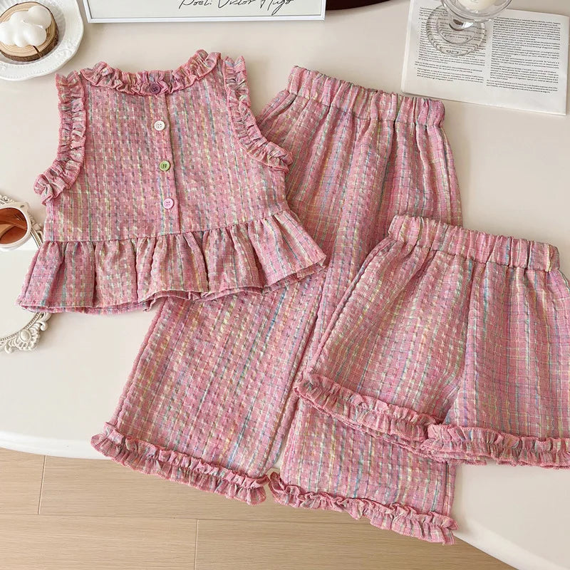 Children's Clothing Sets Plaid Print Sleeveless Top + Wide Leg Pants + Shorts 3 Pcs Sets Girls Clothes 2 To 8 Years Outfit Sets