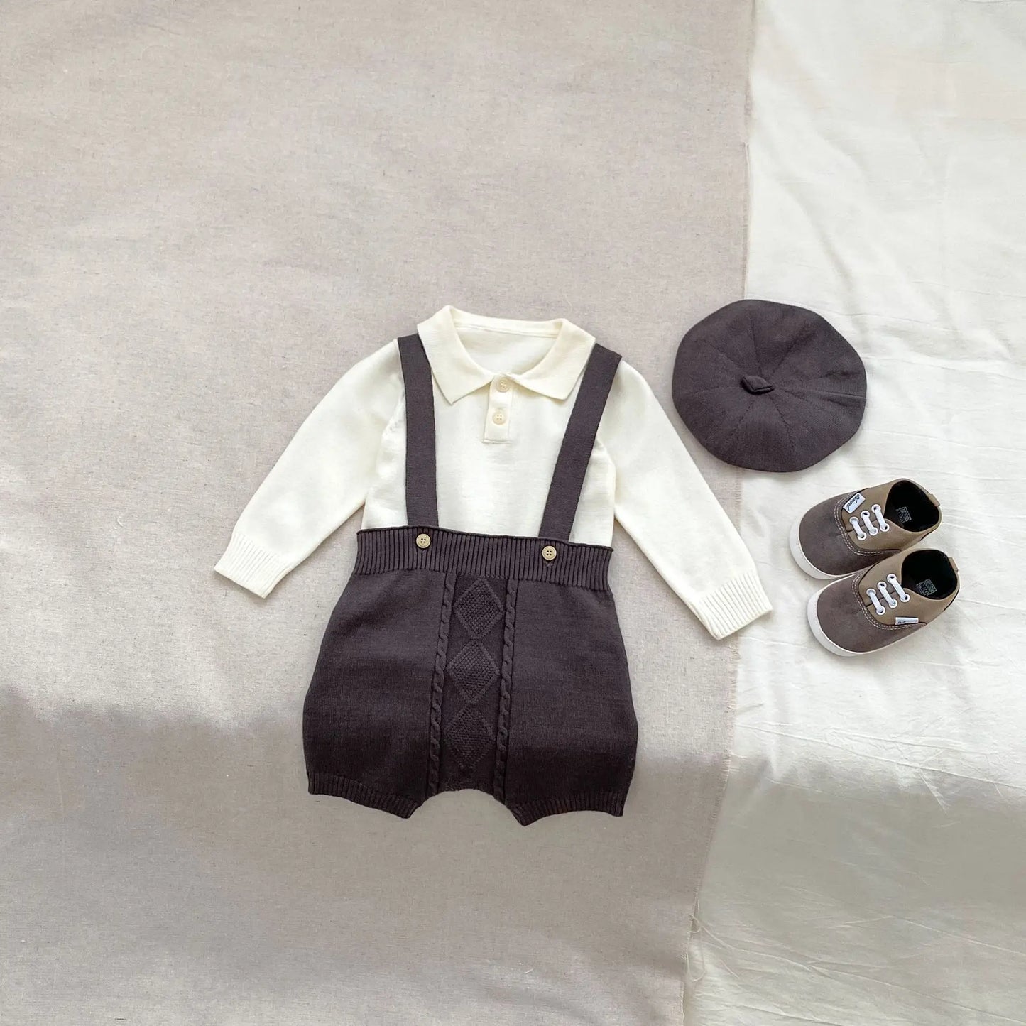 2024 Autumn New Baby Boy Knitted Overalls Set Infant Solid Lapel Long Sleeve Sweater + Strap Pants + Hat 3pcs Suit Boys Outfits