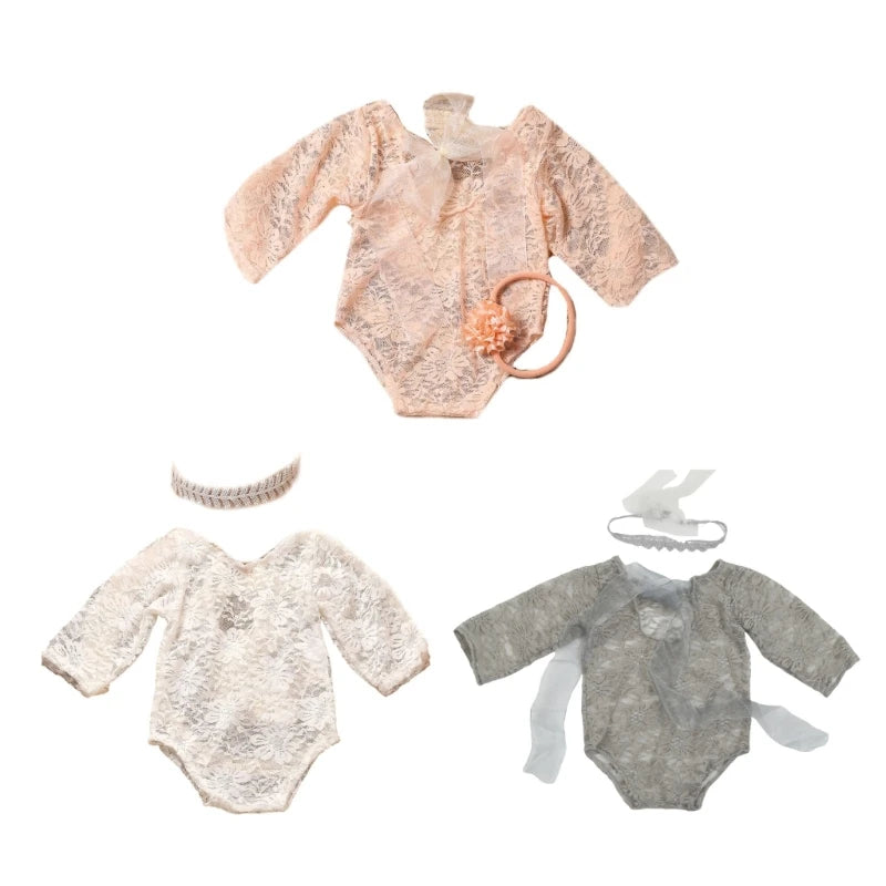 Newborn Photography Props Baby Lace Romper with Headband Set Backless Mesh Bodysuit for Baby Photoshoot Infant Outfit