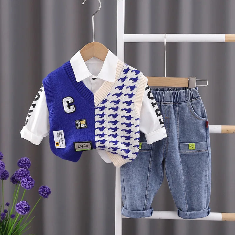 Baby Boy Clothes Set Knitted Sweater Vest White Shirts Jeans 3PCS Boys Infant Clothing Kids Bebes Jogging Suits Tracksuit