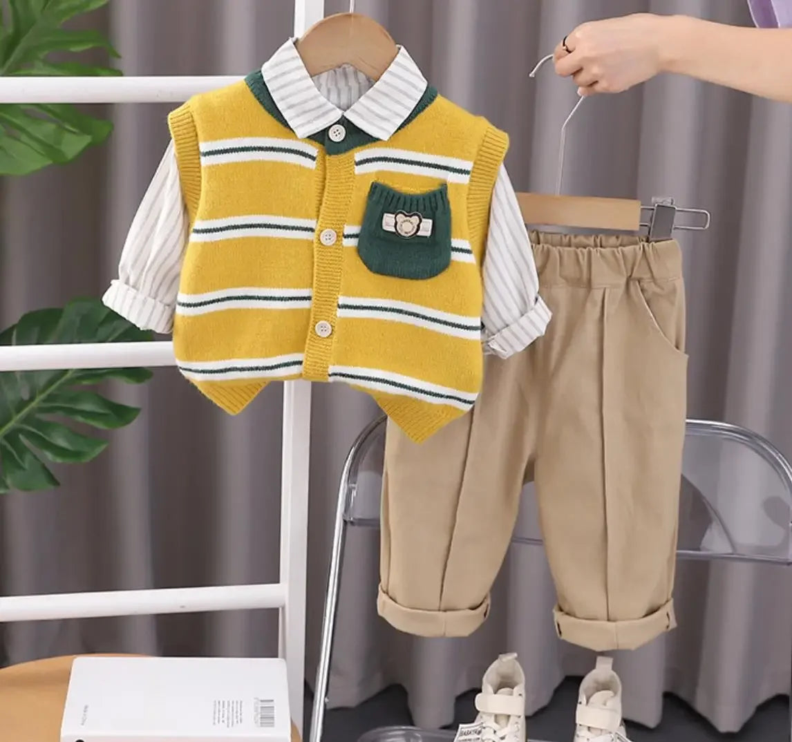 Korean Style Boys Set 6 to 12 Months – Kids Infant Clothing Pocket Striped Knitted Sweater Vest + Shirts + Pants 3PCS Toddler Outfits