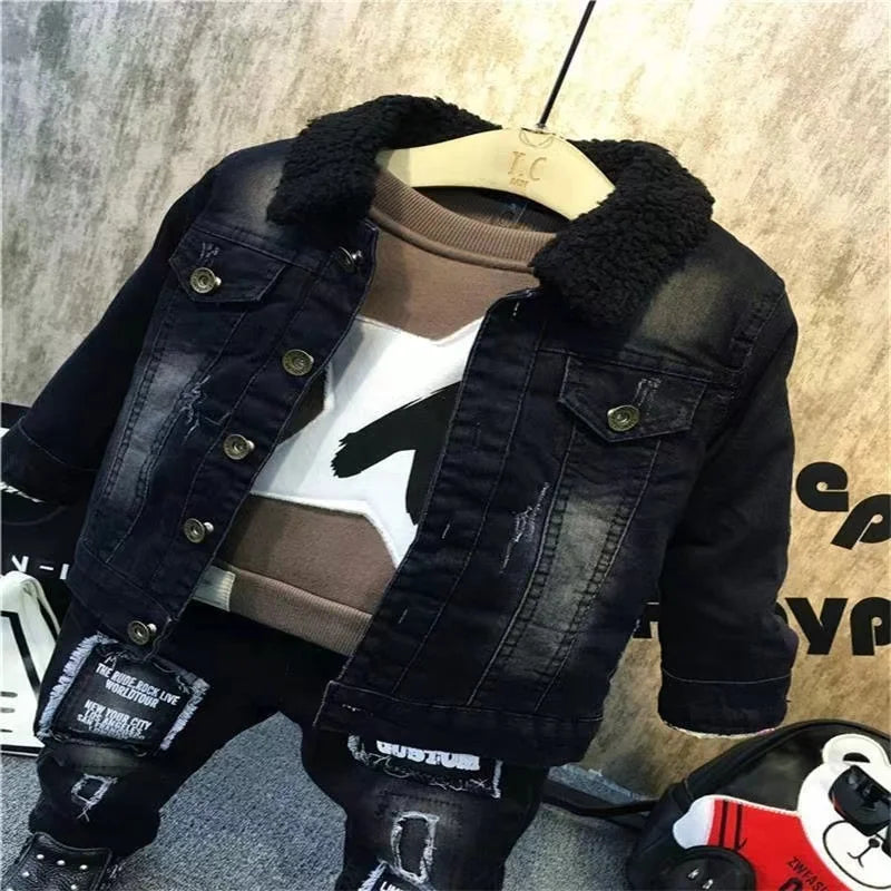 New Children Kids Boys Clothing Sets Autumn Winter Baby Boys Fur Collar Denim Jacket + Sweater + Jeans 3Pcs Boys Clothes Set 2-7