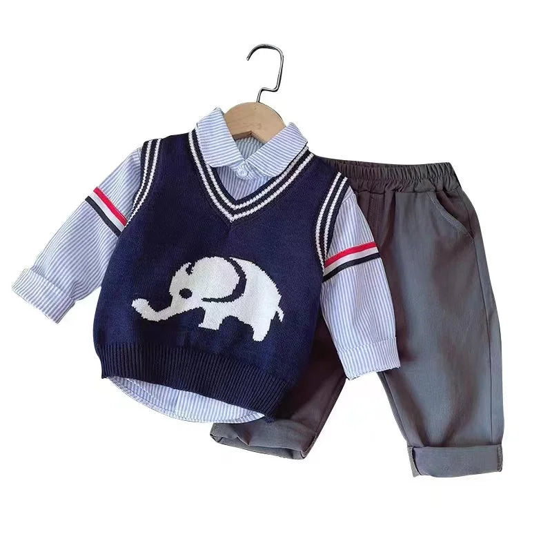 Spring Autumn New Boys Clothes – Cartoon Elephant V-neck Sweater Vest + Long Sleeved Vertical Striped Shirt + Pants 3pcs Casual Set