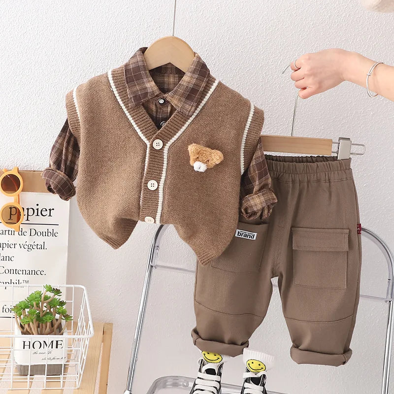 Spring New Boys Girls Toddlers Knitted Sweater Vest Cardigan 3pcs Set Children Long Sleeve Shirts Pants Baby Kids Cartoon Outfit