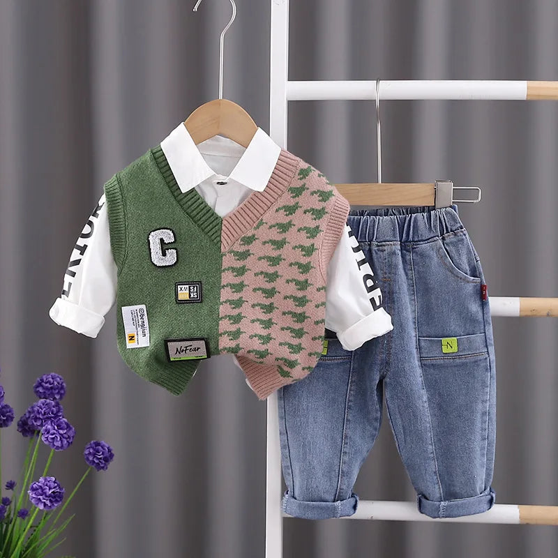 Baby Boy Clothes Set Knitted Sweater Vest White Shirts Jeans 3PCS Boys Infant Clothing Kids Bebes Jogging Suits Tracksuit