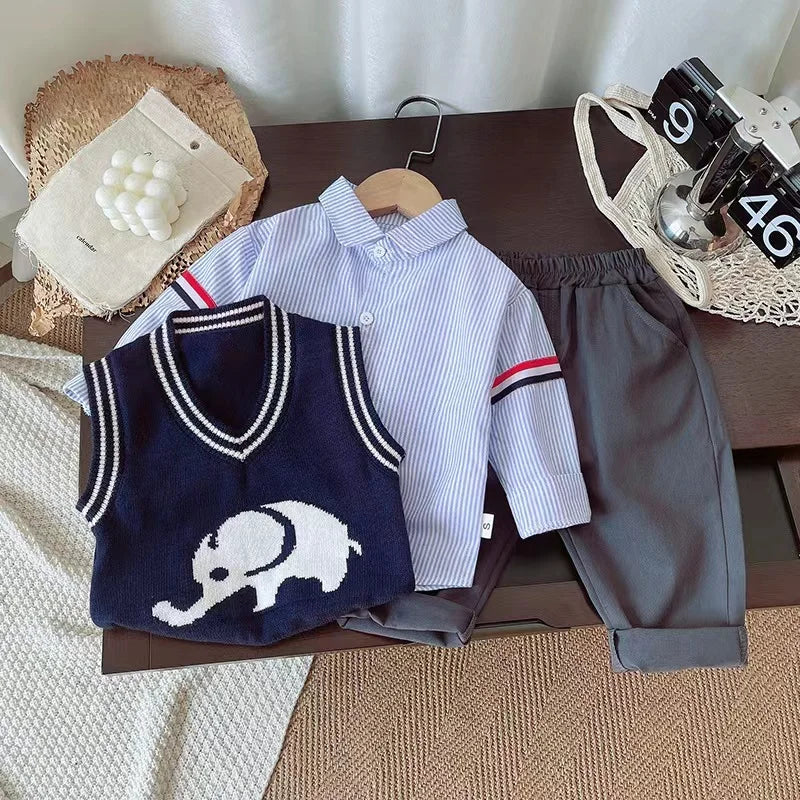 Spring Autumn New Boys Clothes – Cartoon Elephant V-neck Sweater Vest + Long Sleeved Vertical Striped Shirt + Pants 3pcs Casual Set