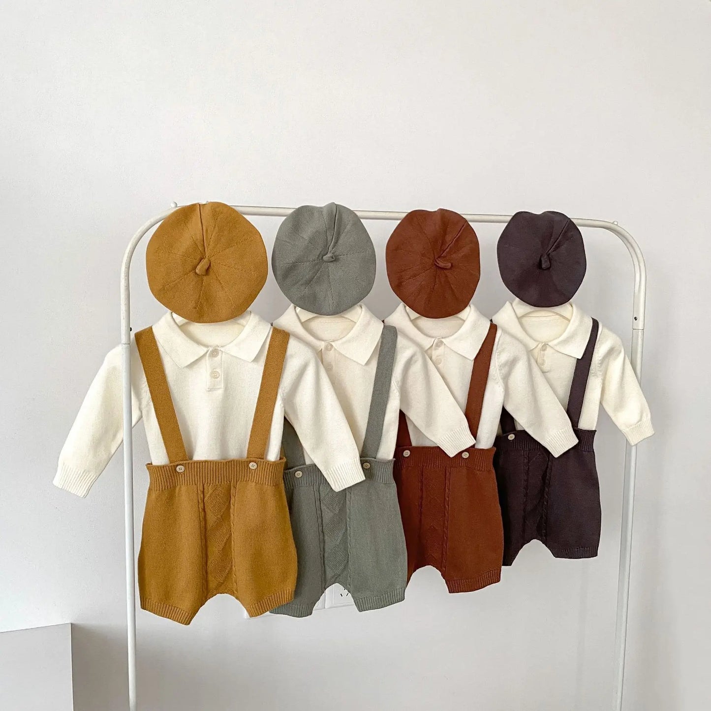 2024 Autumn New Baby Boy Knitted Overalls Set Infant Solid Lapel Long Sleeve Sweater + Strap Pants + Hat 3pcs Suit Boys Outfits