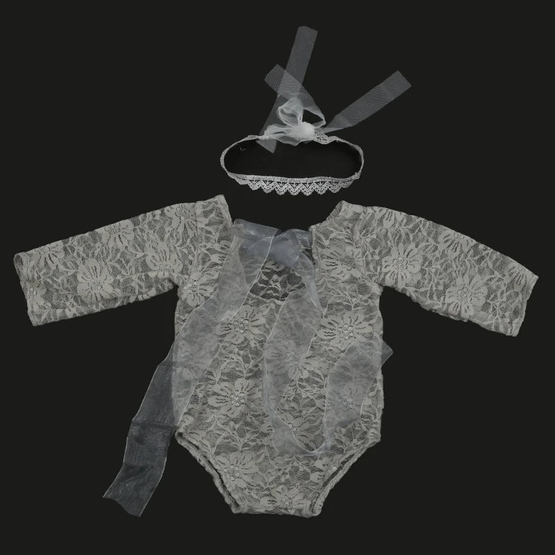 Newborn Photography Props Baby Lace Romper with Headband Set Backless Mesh Bodysuit for Baby Photoshoot Infant Outfit