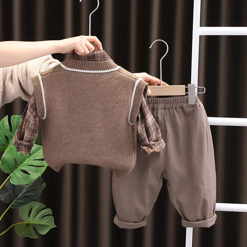 Spring New Boys Girls Toddlers Knitted Sweater Vest Cardigan 3pcs Set Children Long Sleeve Shirts Pants Baby Kids Cartoon Outfit
