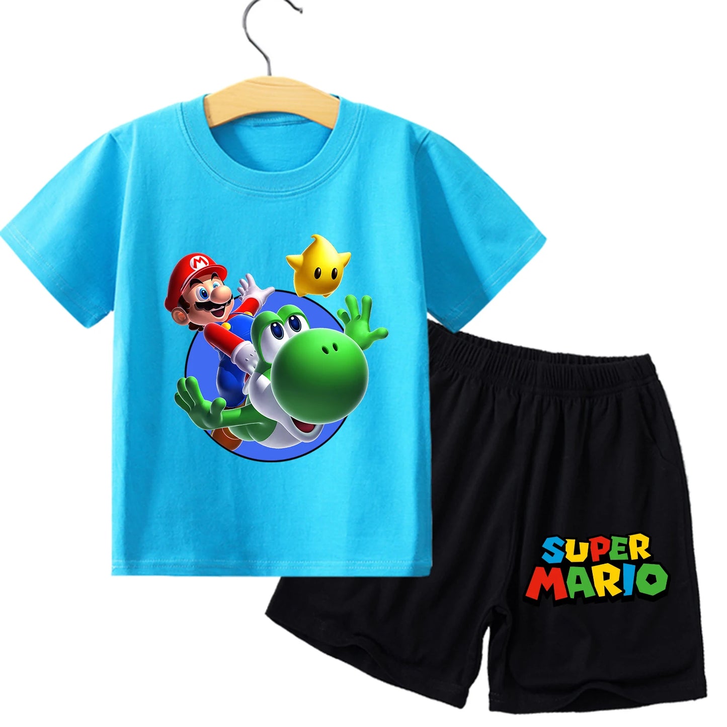 Super Mario Bros New T-shirt Suit Children Summer Cotton Tops + Shorts Pants Set Cute Cartoon Pajamas Home Wear Clothes Kids Gift