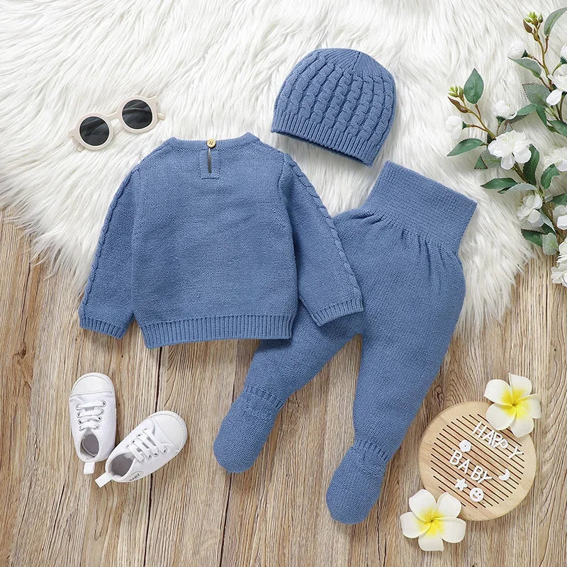 Newborn Baby Clothing Set Knit Infant Boy Sweater + Pants + Hat Long Sleeve Warm Autumn Toddler Pullover Trousers Bonnet 0-9M 3PCS