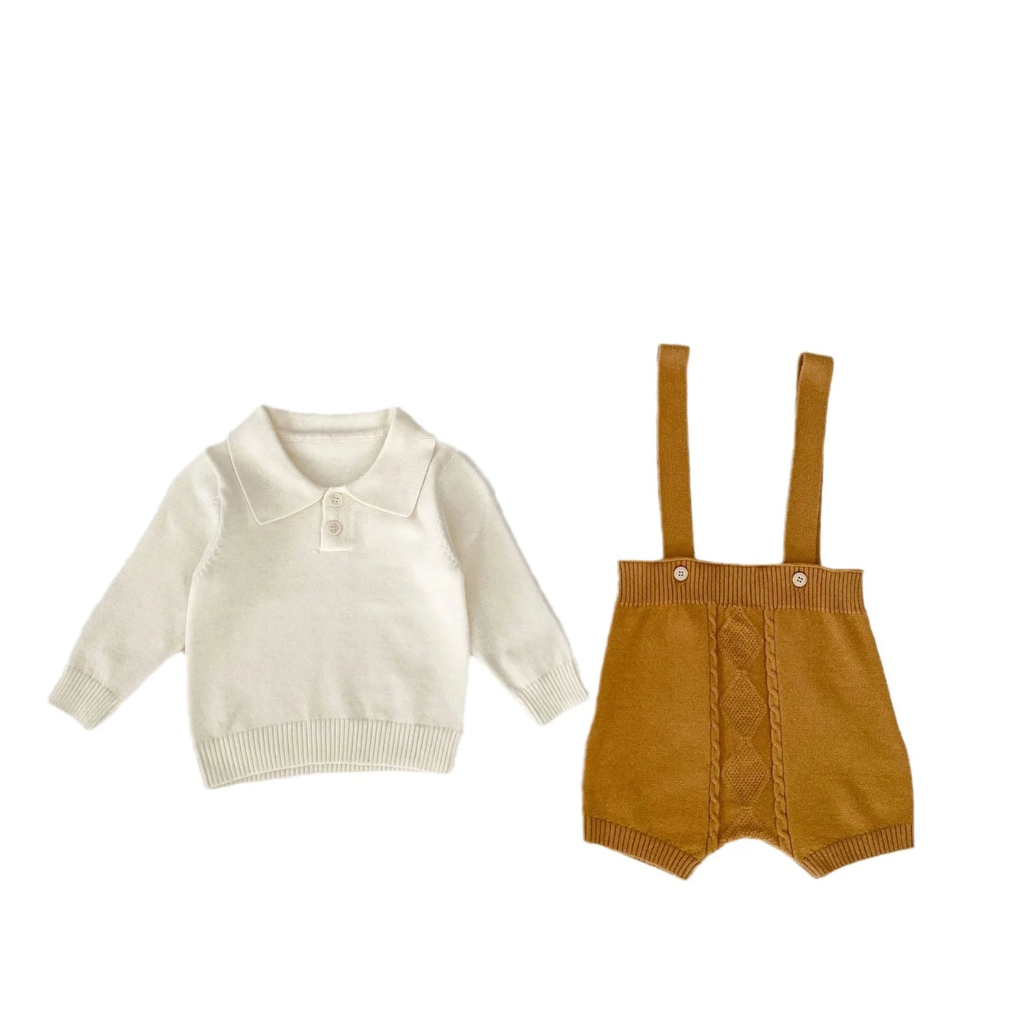 2024 Autumn New Baby Boy Knitted Overalls Set Infant Solid Lapel Long Sleeve Sweater + Strap Pants + Hat 3pcs Suit Boys Outfits
