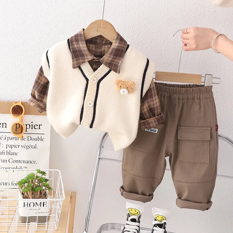 Spring New Boys Girls Toddlers Knitted Sweater Vest Cardigan 3pcs Set Children Long Sleeve Shirts Pants Baby Kids Cartoon Outfit