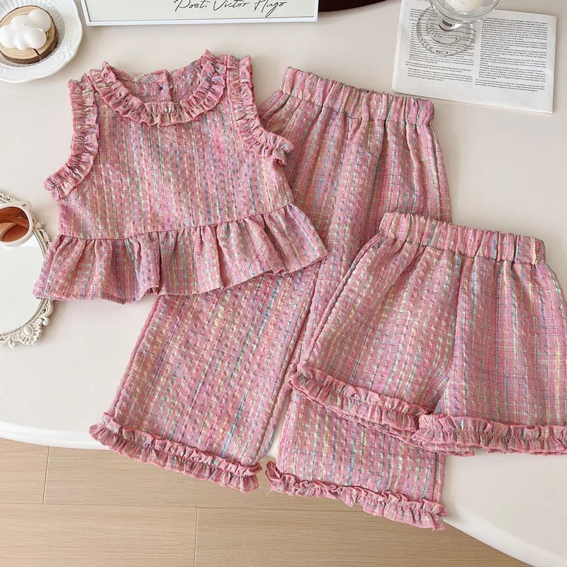 Children's Clothing Sets Plaid Print Sleeveless Top + Wide Leg Pants + Shorts 3 Pcs Sets Girls Clothes 2 To 8 Years Outfit Sets
