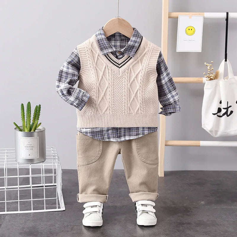 Baby Boy Clothes Mother Kids Spring Clothing Sets Sweater Vest 3pcs Toddler Pants Cotton Korean Version of Children's Set Suit