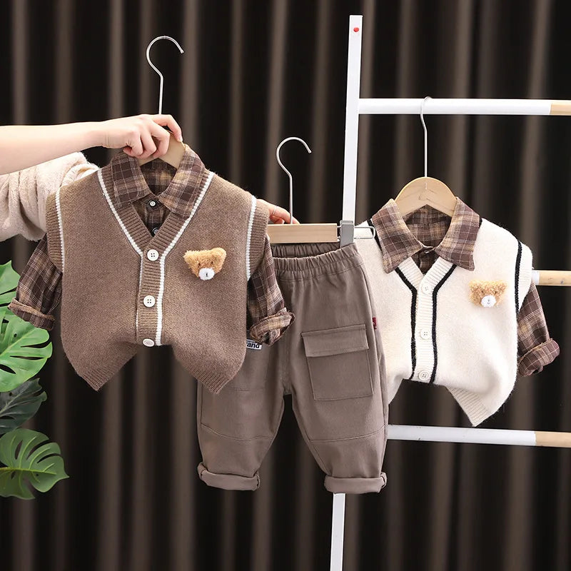 Spring New Boys Girls Toddlers Knitted Sweater Vest Cardigan 3pcs Set Children Long Sleeve Shirts Pants Baby Kids Cartoon Outfit