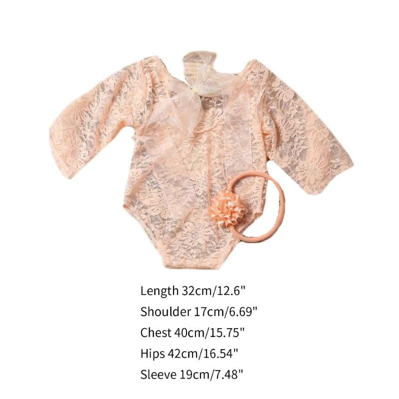 Newborn Photography Props Baby Lace Romper with Headband Set Backless Mesh Bodysuit for Baby Photoshoot Infant Outfit