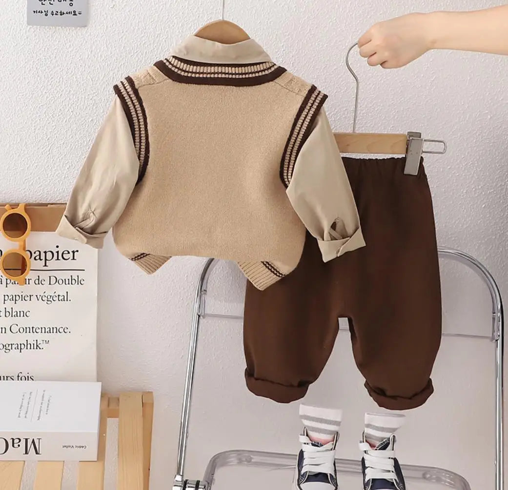 3PCS Boys Sweater Sets Spring Autumn Kids V-neck Preppy Knitted Vest + T-shirts + Pants Casual Toddler Outfits Infant Baby Clothing