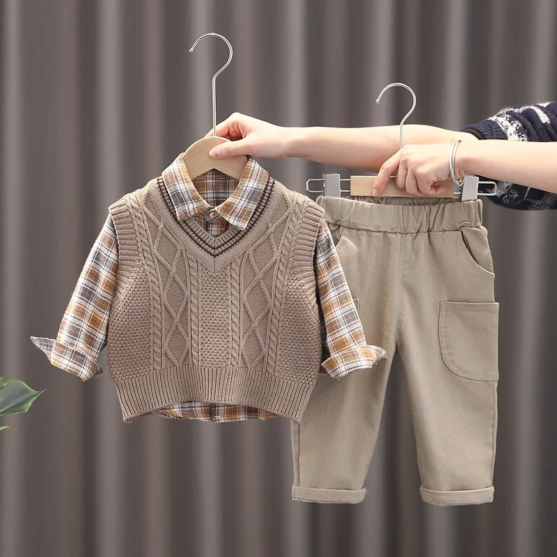 Baby Boy Clothes Mother Kids Spring Clothing Sets Sweater Vest 3pcs Toddler Pants Cotton Korean Version of Children's Set Suit