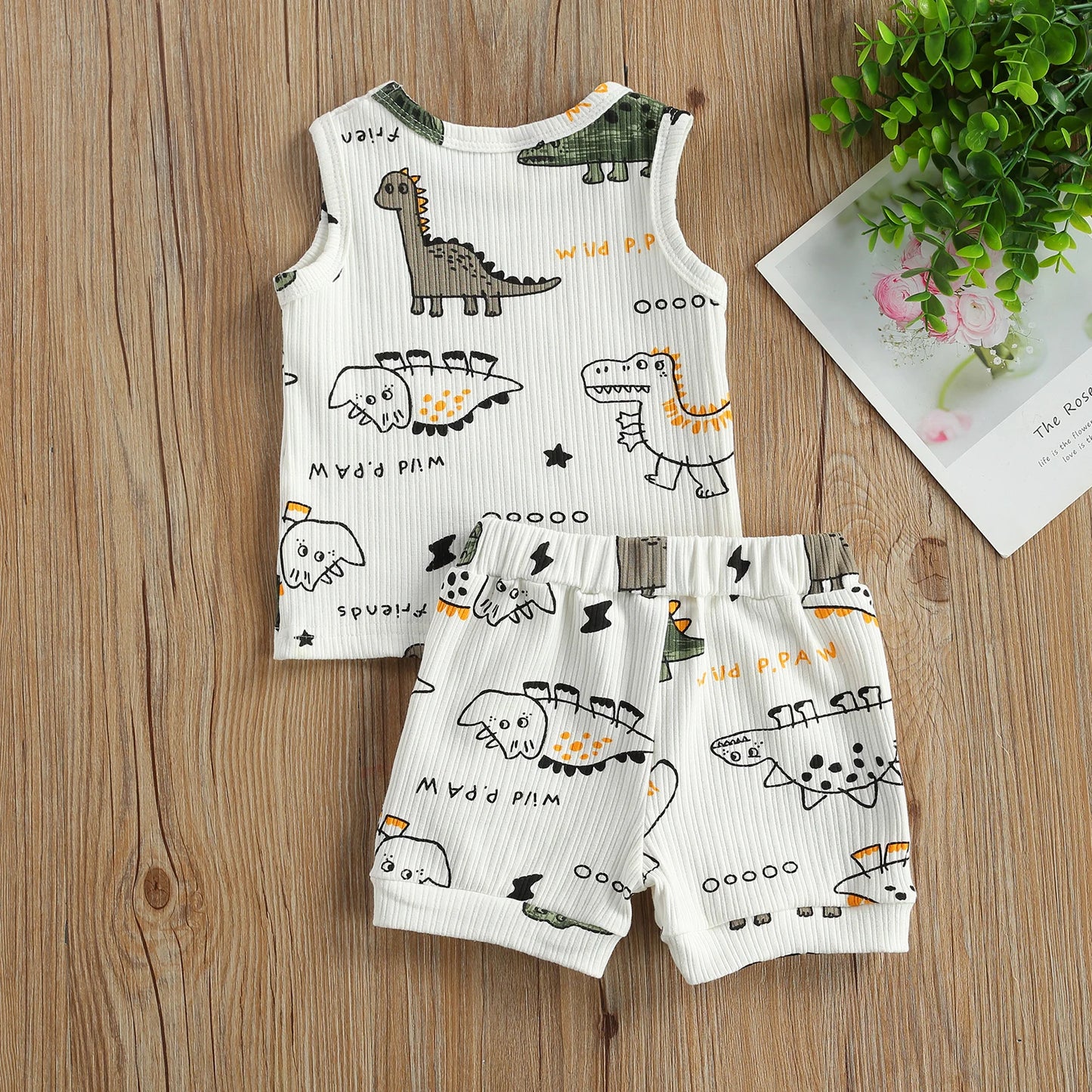 2Pcs Baby Summer Tracksuit Clothes, Cotton Linen Cartoon Dinosaur Print Sleeveless Vest & Elastic Waist Shorts for Toddler Boys"