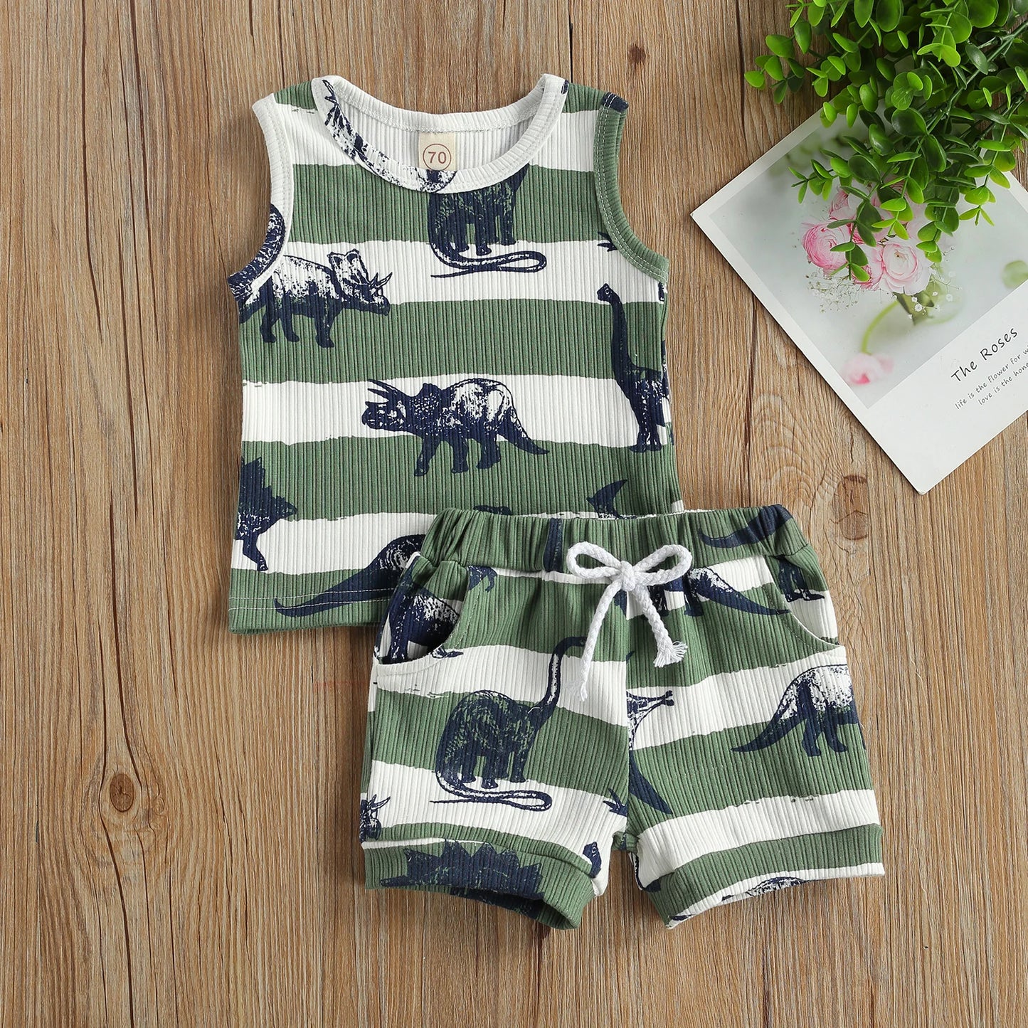 2Pcs Baby Summer Tracksuit Clothes, Cotton Linen Cartoon Dinosaur Print Sleeveless Vest & Elastic Waist Shorts for Toddler Boys"