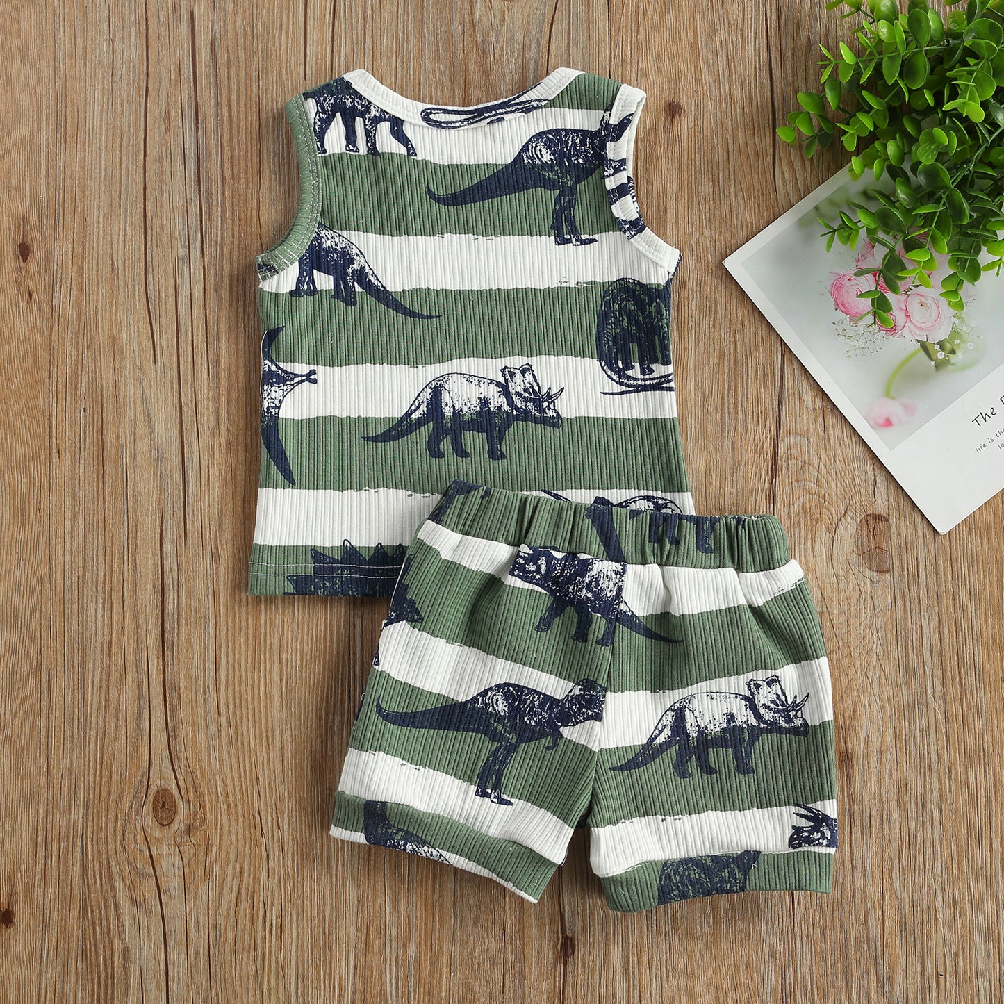 2Pcs Baby Summer Tracksuit Clothes, Cotton Linen Cartoon Dinosaur Print Sleeveless Vest & Elastic Waist Shorts for Toddler Boys"
