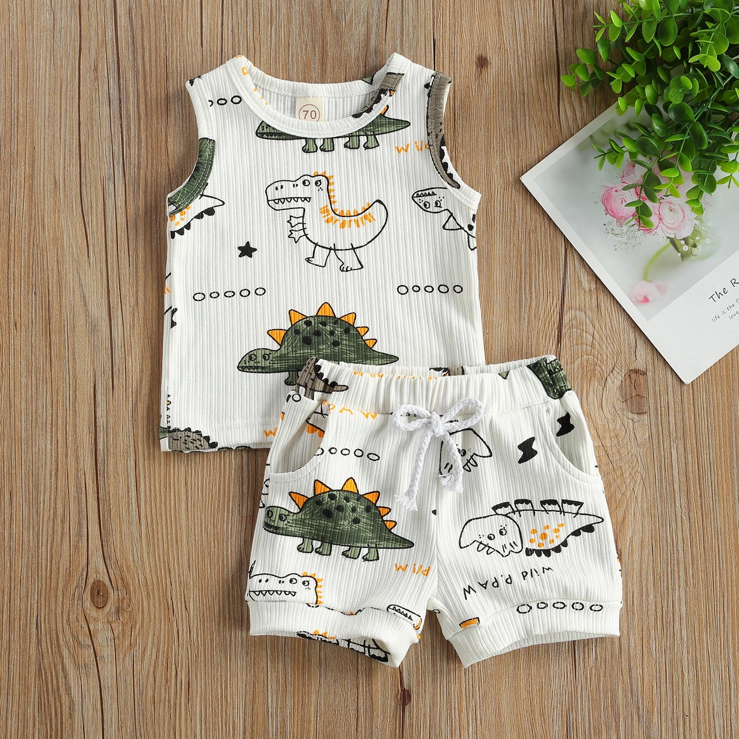 2Pcs Baby Summer Tracksuit Clothes, Cotton Linen Cartoon Dinosaur Print Sleeveless Vest & Elastic Waist Shorts for Toddler Boys"