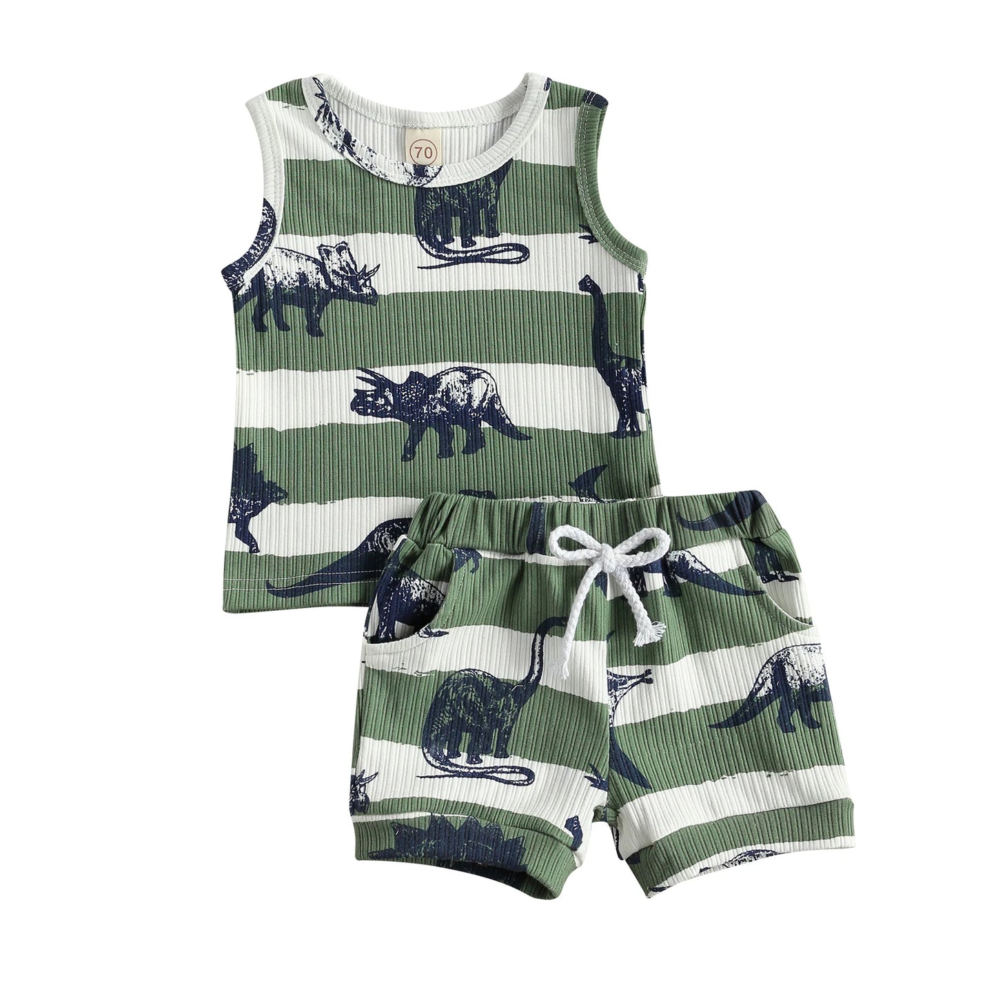 2Pcs Baby Summer Tracksuit Clothes, Cotton Linen Cartoon Dinosaur Print Sleeveless Vest & Elastic Waist Shorts for Toddler Boys"