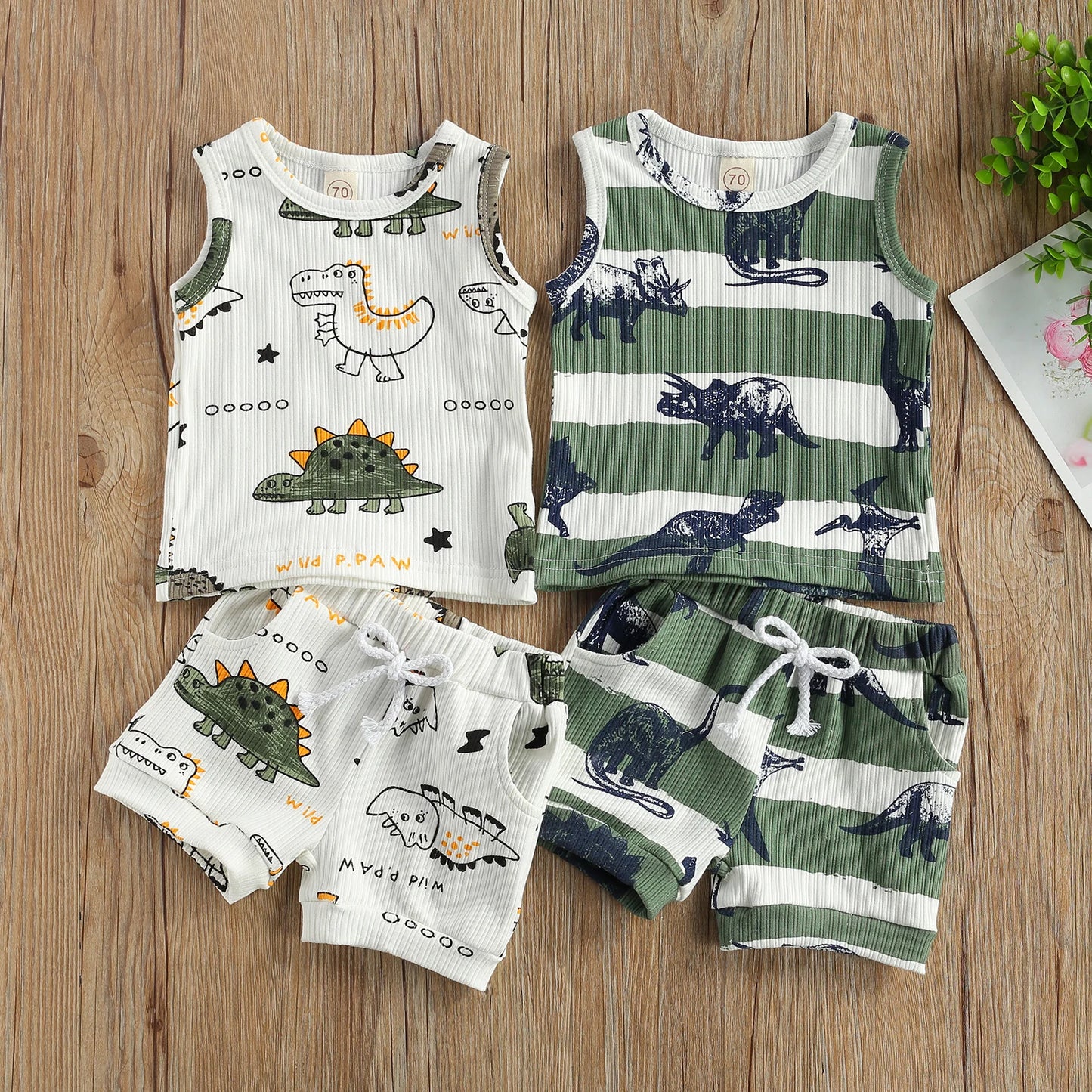 2Pcs Baby Summer Tracksuit Clothes, Cotton Linen Cartoon Dinosaur Print Sleeveless Vest & Elastic Waist Shorts for Toddler Boys"