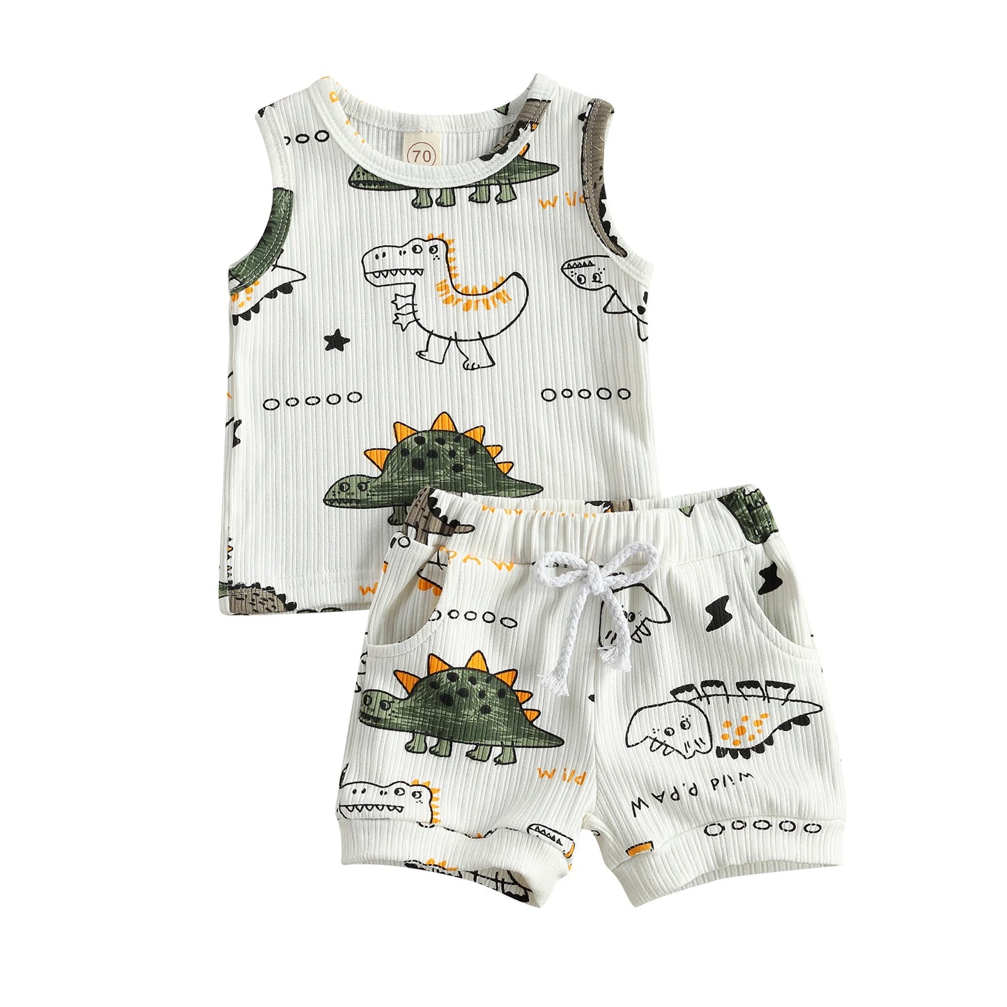 2Pcs Baby Summer Tracksuit Clothes, Cotton Linen Cartoon Dinosaur Print Sleeveless Vest & Elastic Waist Shorts for Toddler Boys"
