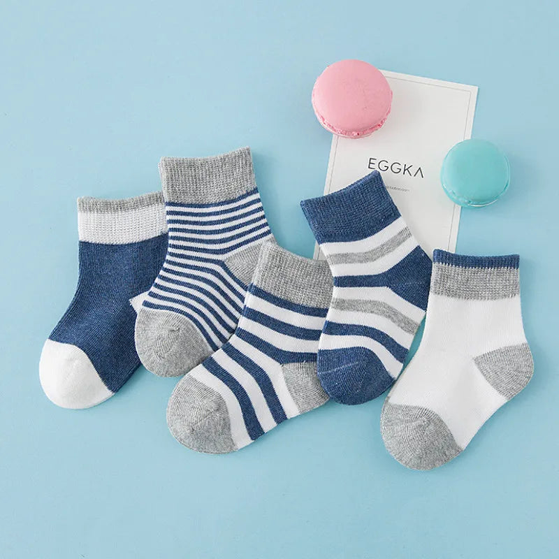 5 Pairs Baby Socks Cotton Spring Autumn Children School Socks for Girls & Boys, Cute Striped Design, Newborn to Toddler (0-6 Years)