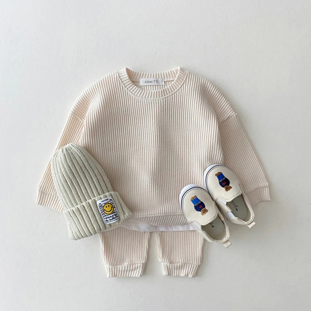 2023 Korean Toddler Baby Clothing Set - Infant Boys Waffle Cotton Sweatshirt & Pants | 2PCS Mock Two-Piece Outfit