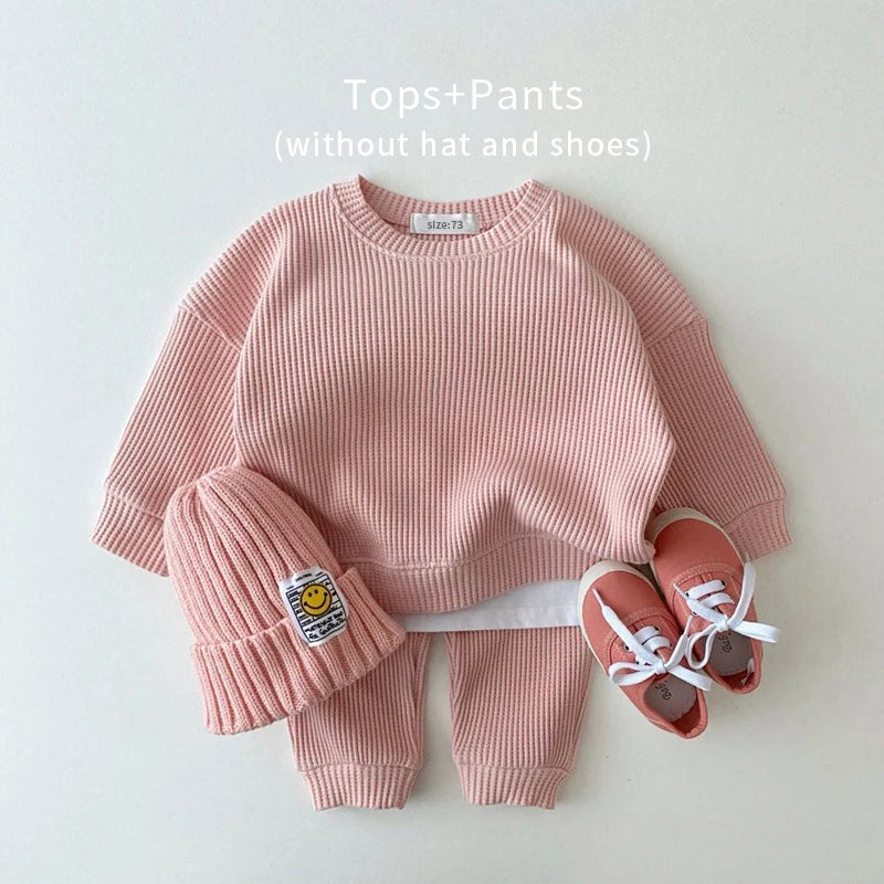 2023 Korean Toddler Baby Clothing Set - Infant Boys Waffle Cotton Sweatshirt & Pants | 2PCS Mock Two-Piece Outfit