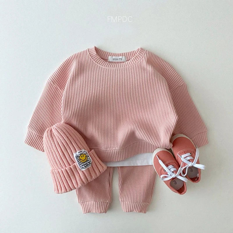 2023 Korean Toddler Baby Clothing Set - Infant Boys Waffle Cotton Sweatshirt & Pants | 2PCS Mock Two-Piece Outfit