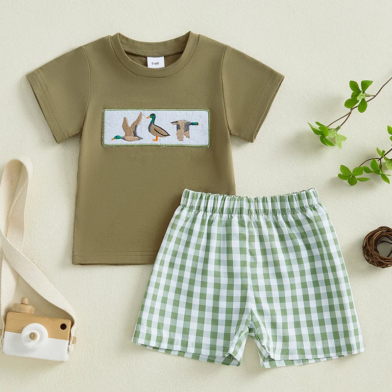 Boys Easter Outfit Summer Clothes, Carrot Cart Short Sleeve T-Shirt & Plaid Shorts Set, Cute Toddler Baby Boy Easter Outfit for 0-3T