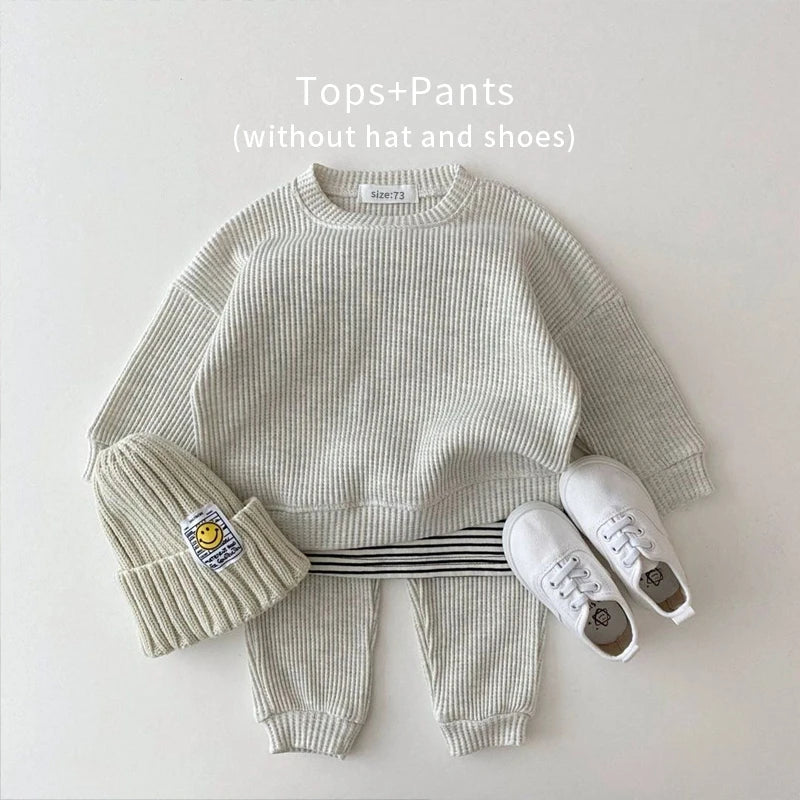 2023 Korean Toddler Baby Clothing Set - Infant Boys Waffle Cotton Sweatshirt & Pants | 2PCS Mock Two-Piece Outfit