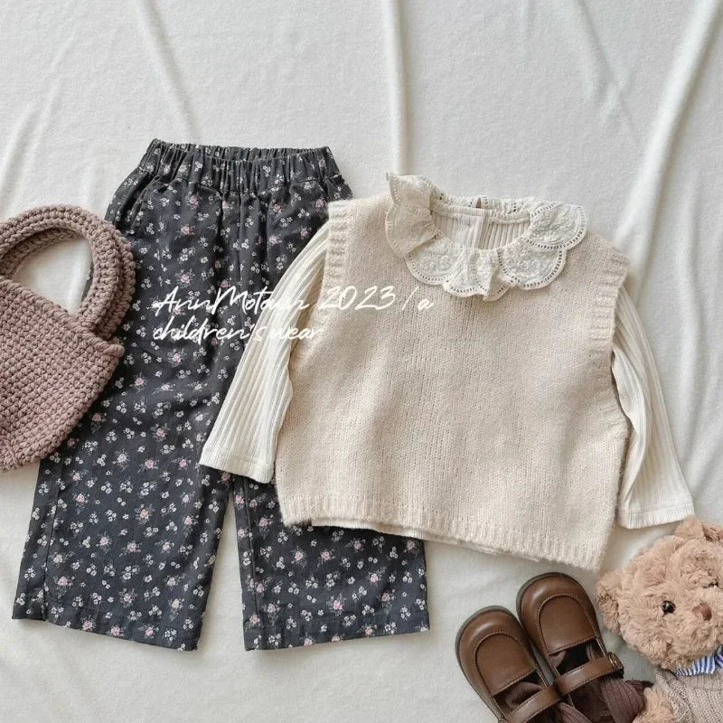 Kids Baby Girl Outfit - 3PCS Set | Knit Waistcoat, Lace Collar Shirt & Floral Wide-Leg Pants | Toddler Clothes
