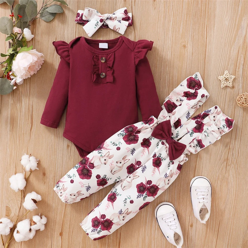 0-18 Months Baby Girl Outfit - Red Long Sleeve Bodysuit & Floral Strap Pants | 2PCS Infant New Year Clothing Set