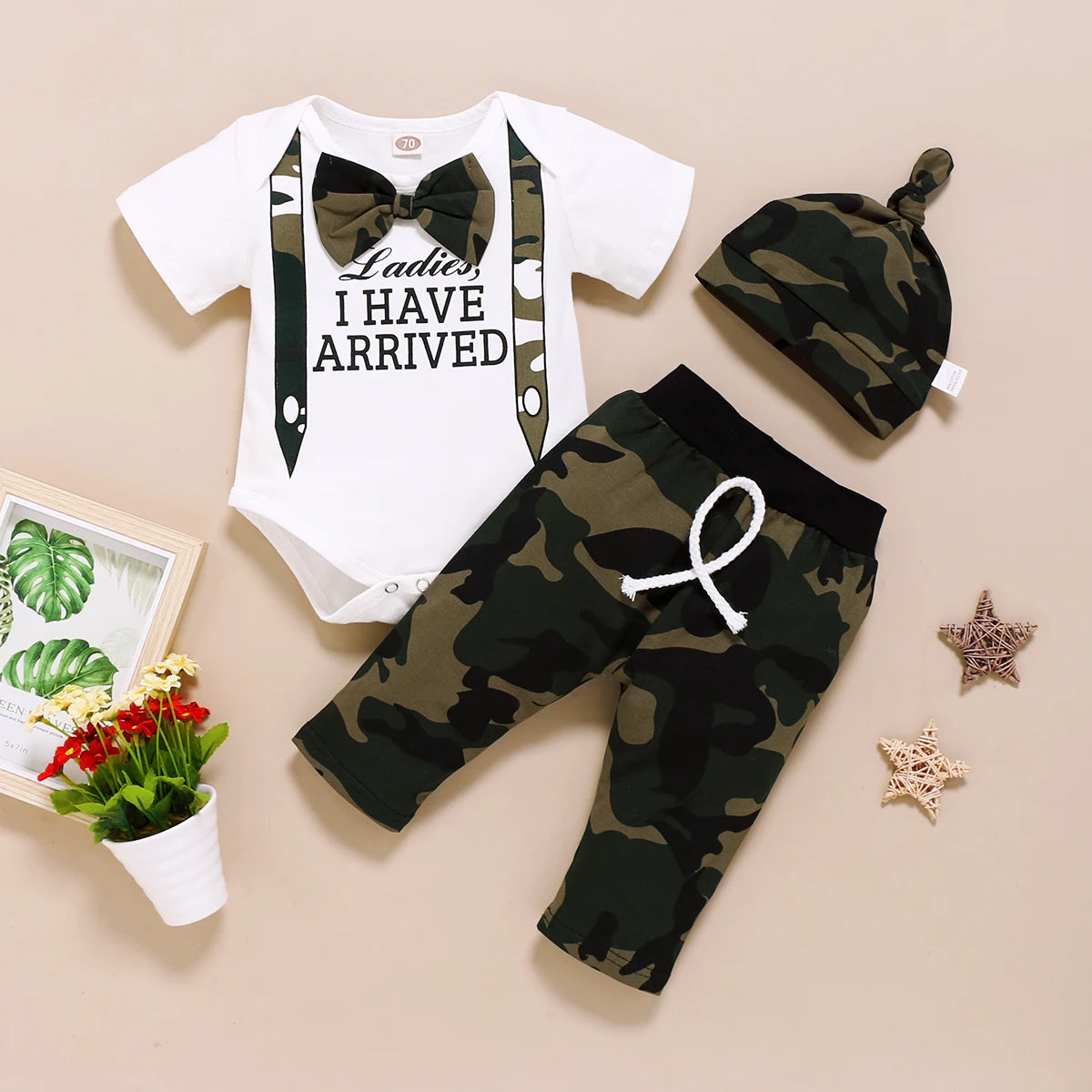 Newborn Male Baby Summer Tie Short-Sleeved Bodysuit, Camouflage Pants & Cap Three-Piece Set – For Babies Aged 0-18 Months