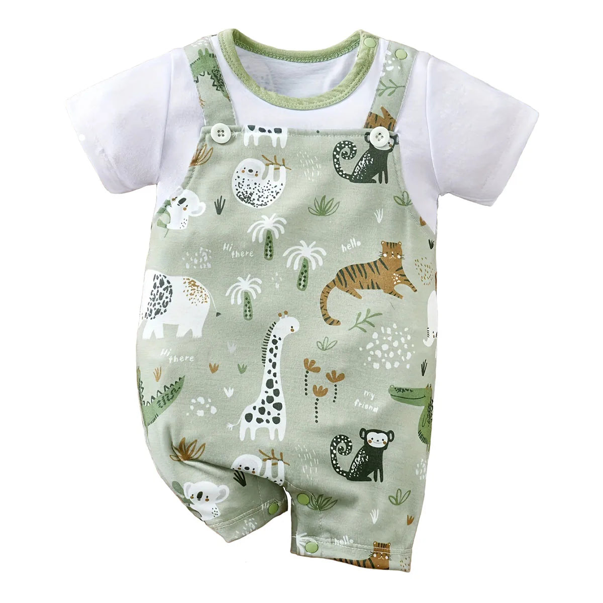 IURNXB Adorable Infant Zoo Animal Print Romper for Boys - Newborn Baby Faux Two-Piece Bodysuit with Short Sleeves - Casual Play Wear
